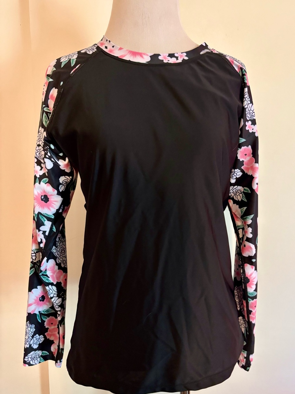 Black Floral-Accent Long Sleeve Swim Tee